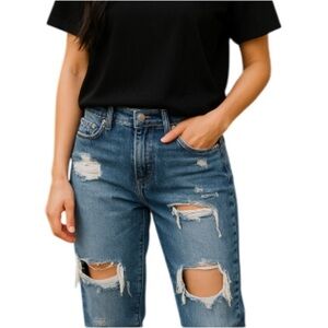GARAGE Boyfriend Jeans Distressed Blue Light Wash Fray Hem Baggy Mid Rise Size 5